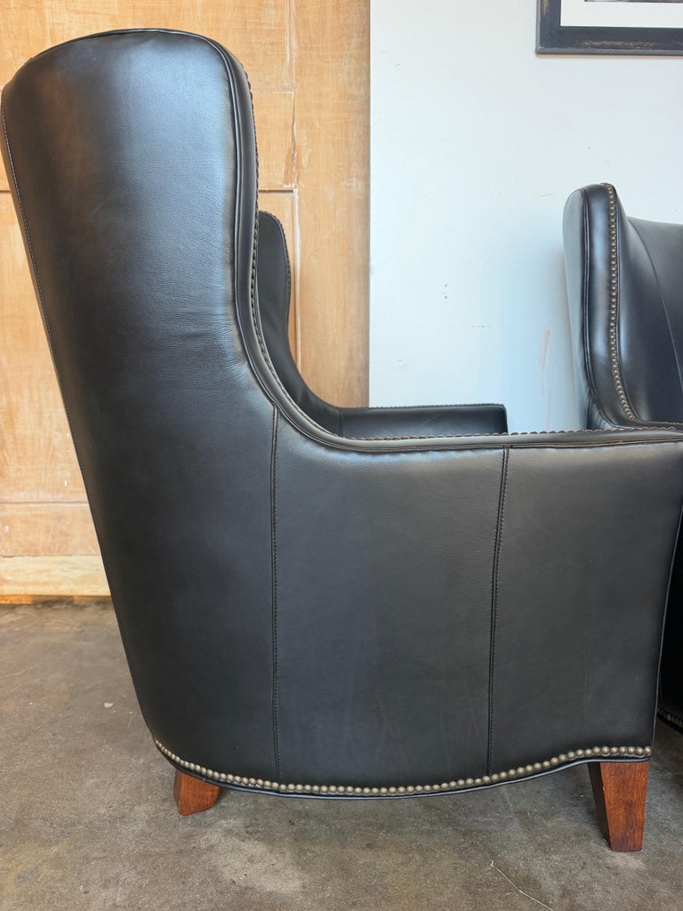 Pair of Thomasville Black Leather Wingback Lounge Chairs