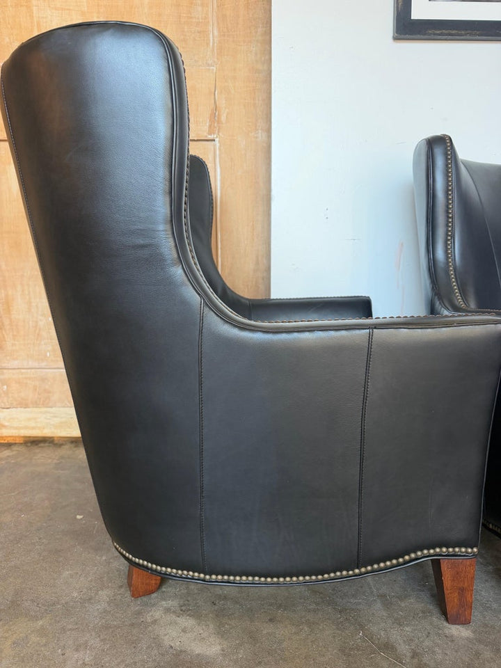 Pair of Thomasville Black Leather Wingback Lounge Chairs