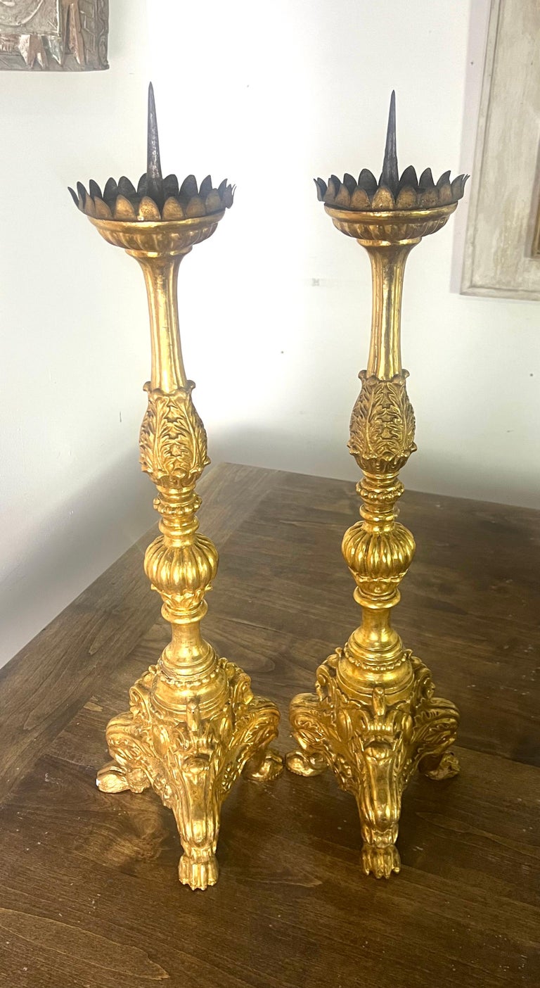 Pair of 19th C. Gilt Wood Candlesticks w/ Iron Bobeches