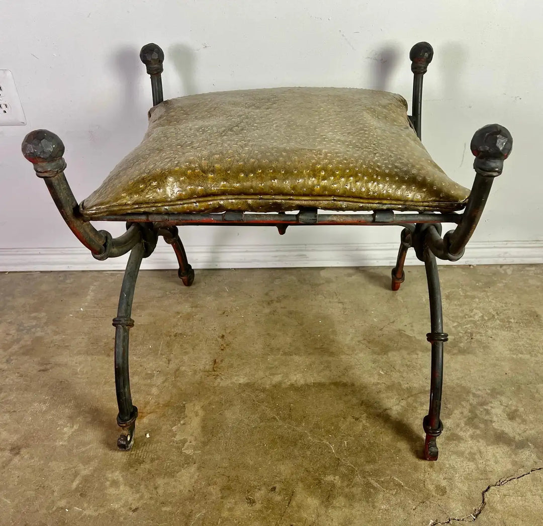 Spanish Wrought Iron Bench W/ Embossed Leather Cushion