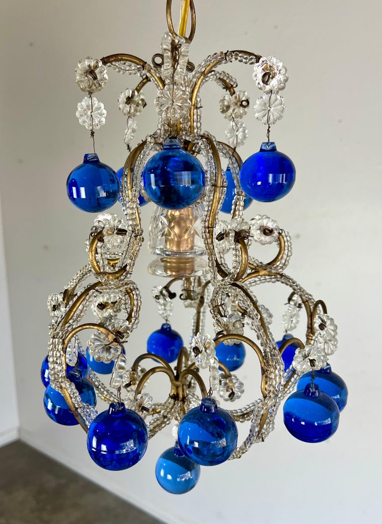 French Crystal Beaded Chandelier w/ Cobalt Drops C. 1920