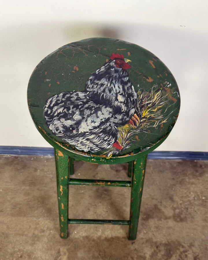19th C. Hand Painted Bar Stool w/ Rooster