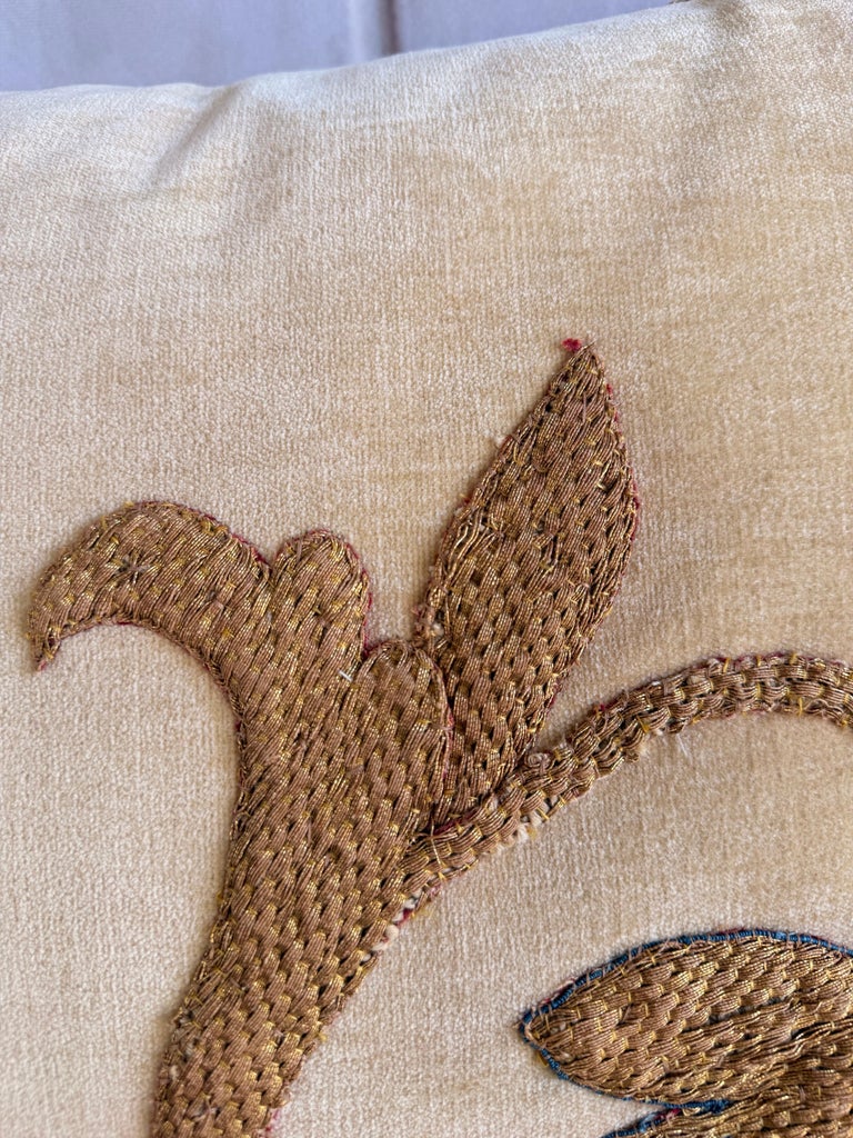 Pair of Golden Chenille Pillows w/ 19th Century Metallic Embroidered Appliqués