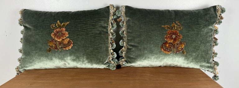 Pair of Custom Velvet Pillows with 19th-Century French Gold-Thread Appliqués