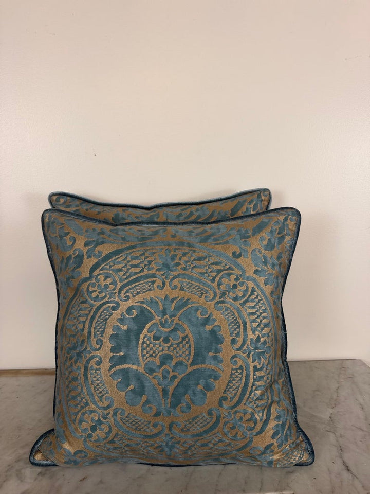 Authentic Fortuny Aquamarine Velvet &amp; Gold Pillows, Italy, 21st Century