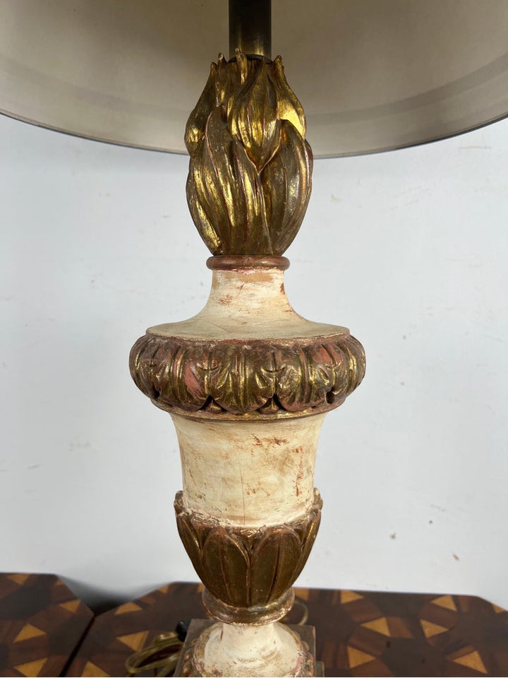 Pair of Painted & Parcel Gilt Carved Flame Lamps w/ Parchment Shades