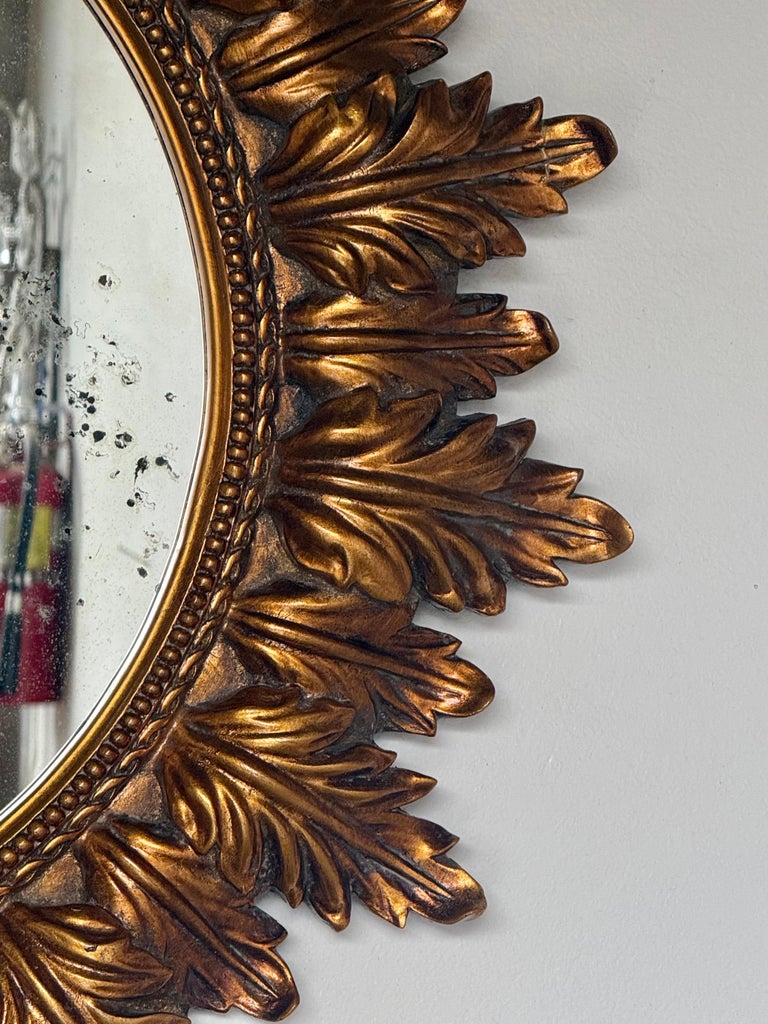 Mid-Century Giltwood Sunburst Mirror with Antiqued Mercury Glass