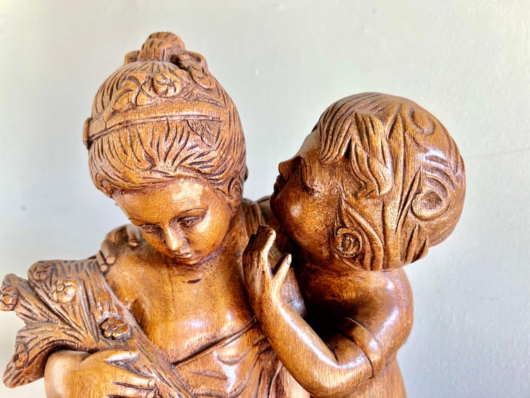 French Walnut Carved Figuritive Sculpture of Boy & Girl