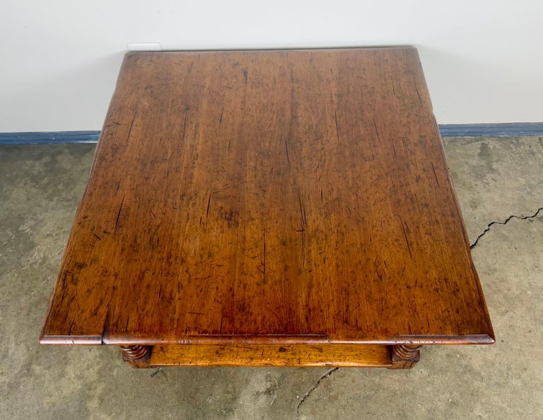 French Country Walnut Coffee Table with Turned Legs and Lower Shelf