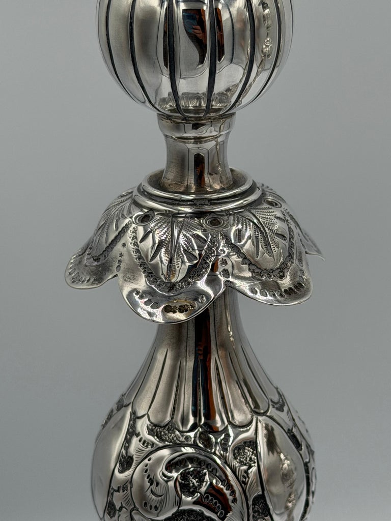 Pair of Antique Sterling Silver Baroque Revival Candlesticks with Repoussé