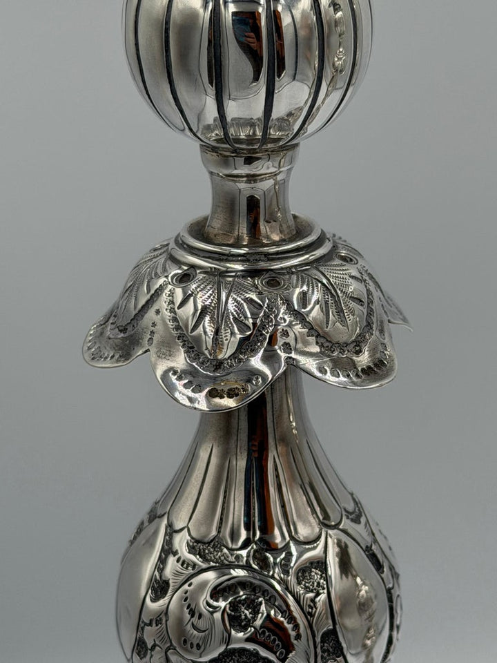 Pair of Antique Sterling Silver Baroque Revival Candlesticks with Repoussé
