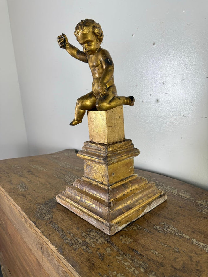 19th Century Italian Giltwood Cherub on Carved Plinth Base