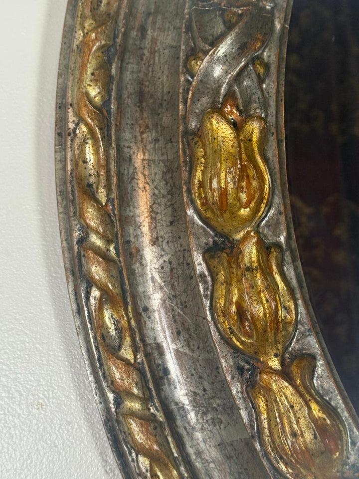 19th Century Italian Oval Mirror in Burnished Silver Leaf and Gold