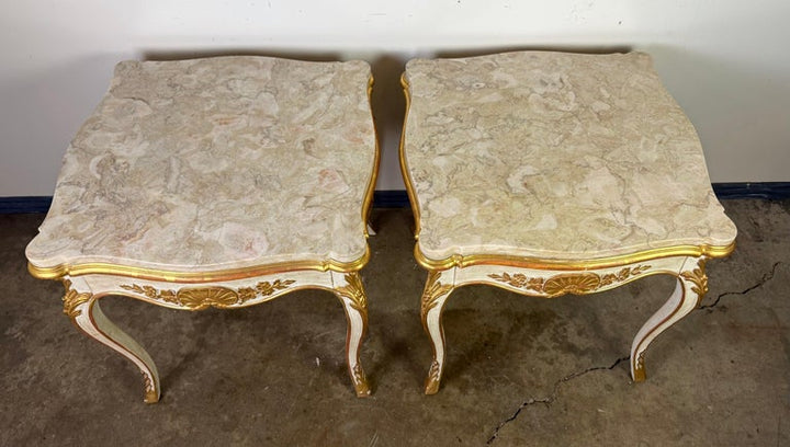 Pair of Giltwood & Painted Marble-Top Side Tables with Drawers