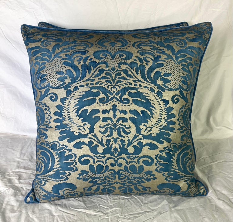 Pair of Vibrant Blue & Gold Metallic Fortuny Textile Pillows