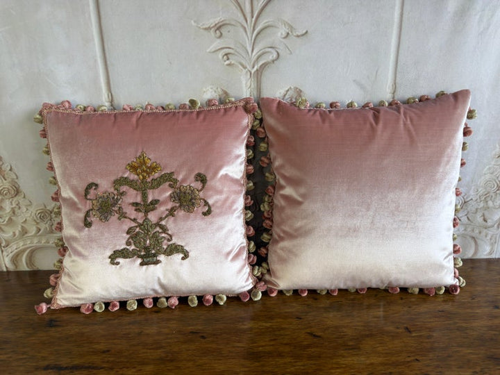 Pair of French Couture Blush Silk Velvet Pillows with 19th Century Appliques&
