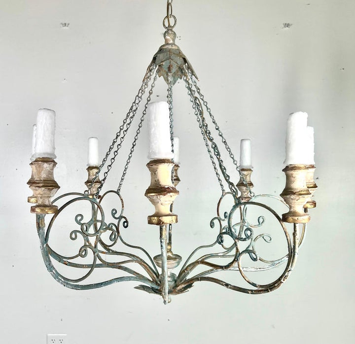 Custom Eight Light Wood & Iron Painted Chandelier by Melissa Levinson