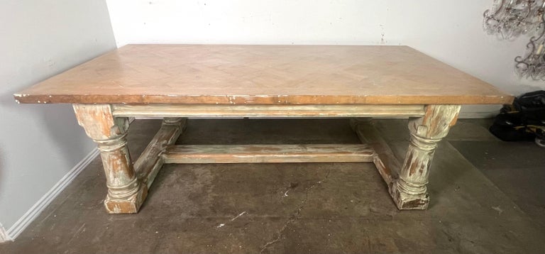 Rustic Painted Dining Table w/ Herringbone Pattern Top