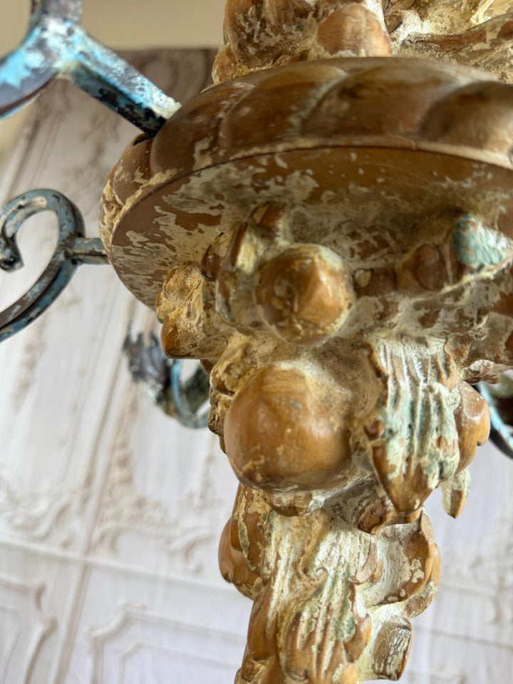 Italian Rococo Painted Wood & Iron 6-Light Chandelier with Fruit Garland