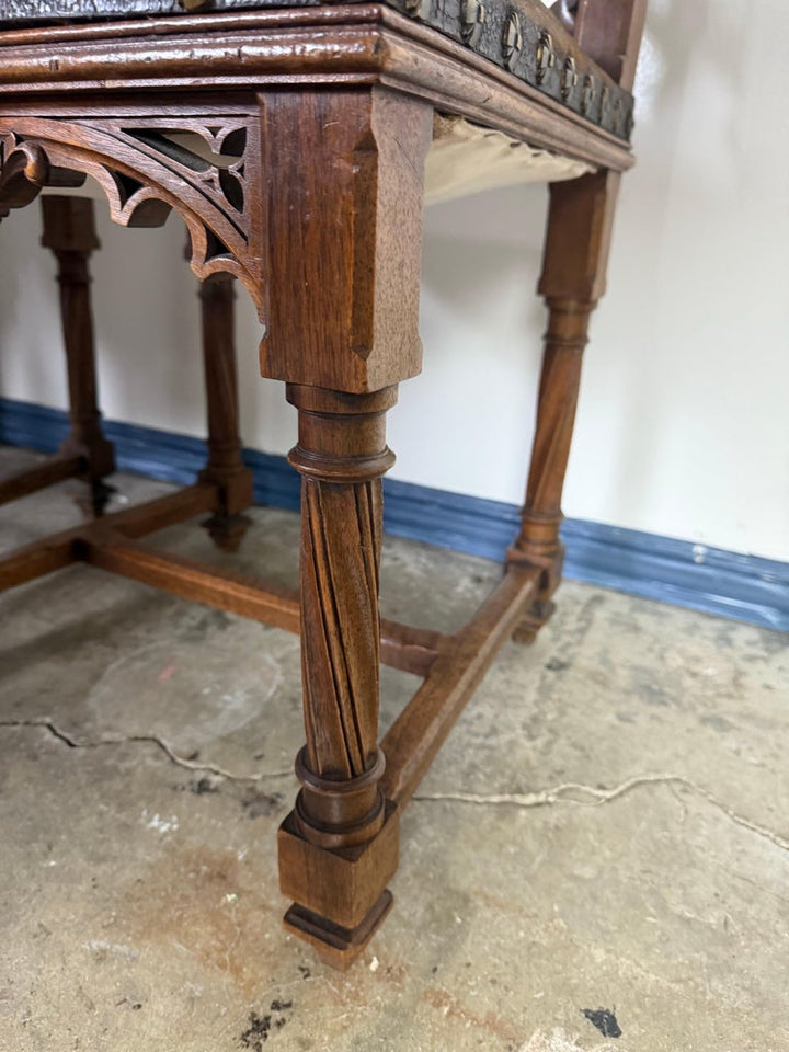 Set of Six 19th C. Gothic-Style Leather Dining Chairs