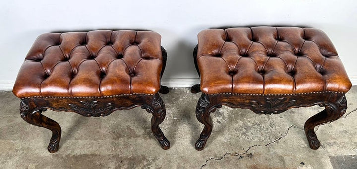 Pair of French Walnut Leather Tufted Benches