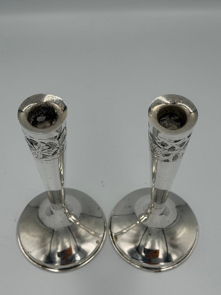 Pair of Art Nouveau Sterling Silver Candlesticks with Floral Relief Decoration