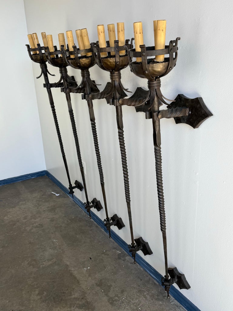 Set of Five Spanish Wrought Iron Sconces