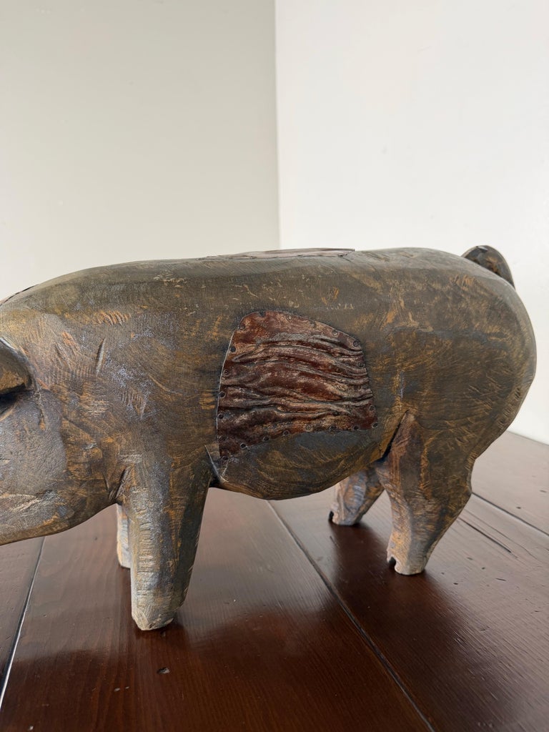 Folk Art Carved Wooden Pig Sculpture with Patinated Finish