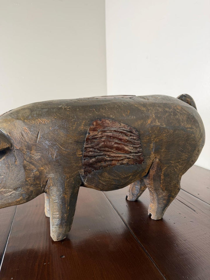 Folk Art Carved Wooden Pig Sculpture with Patinated Finish
