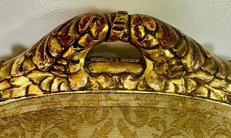 Pair of Italian Giltwood Armchairs with Damask Upholstery