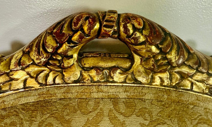 Pair of Italian Giltwood Armchairs with Damask Upholstery