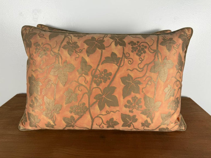 Pair of Authentic Fortuny “Vine & Grapes” Pattern Pillows in Coral and Gold