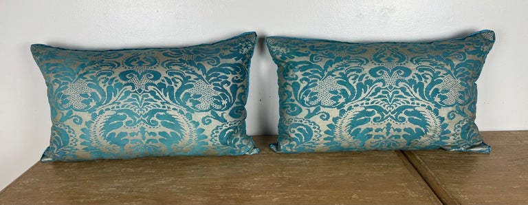 Pair of  Fortuny Style Textile Pillows with Blue Silk Backs