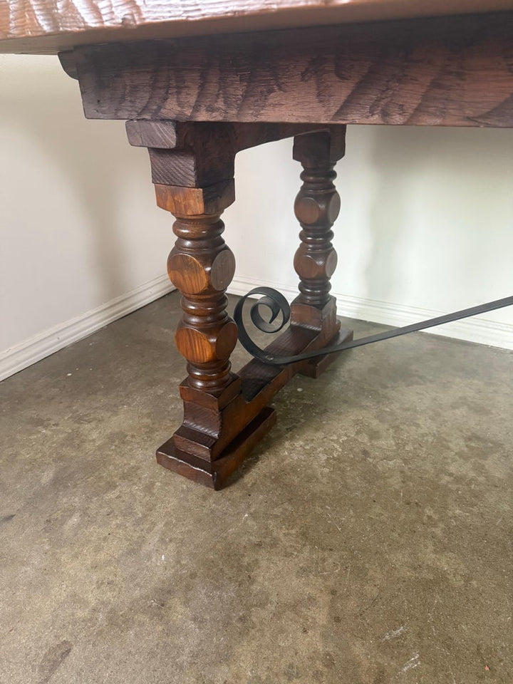 Monumental Spanish Revival Style Walnut Trestle Dining Table with Hand-Hewn Top