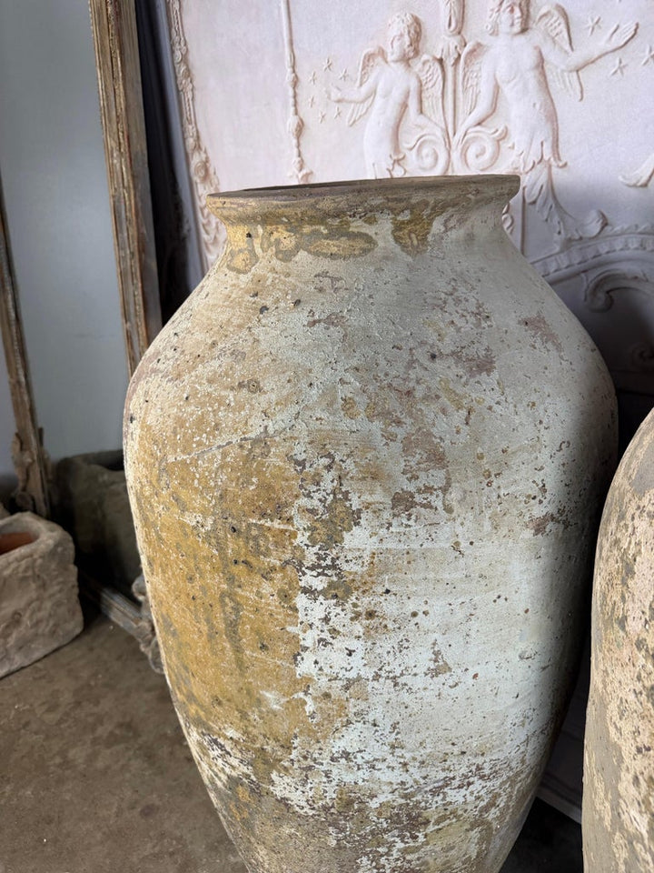Pair of Monumental Terracotta Olive Jars with Weathered Patina