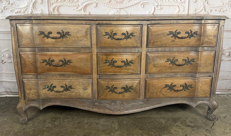 French Louis XV Style 9-Drawer Bombe Dresser in Bleached Fruitwood
