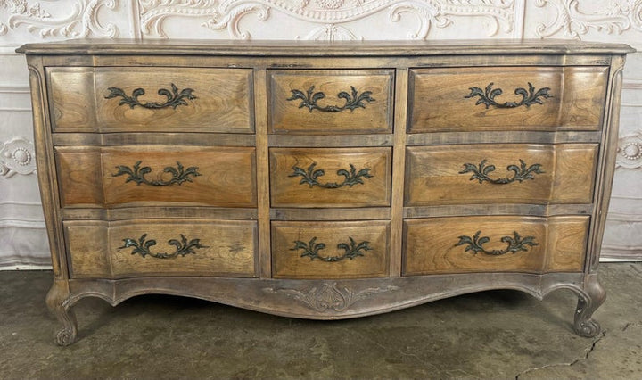 French Louis XV Style 9-Drawer Bombe Dresser in Bleached Fruitwood