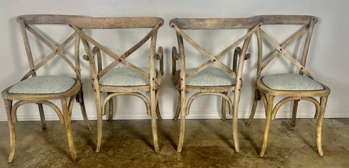 Set of Four Primitive Dining Chairs w/ Linen Seats