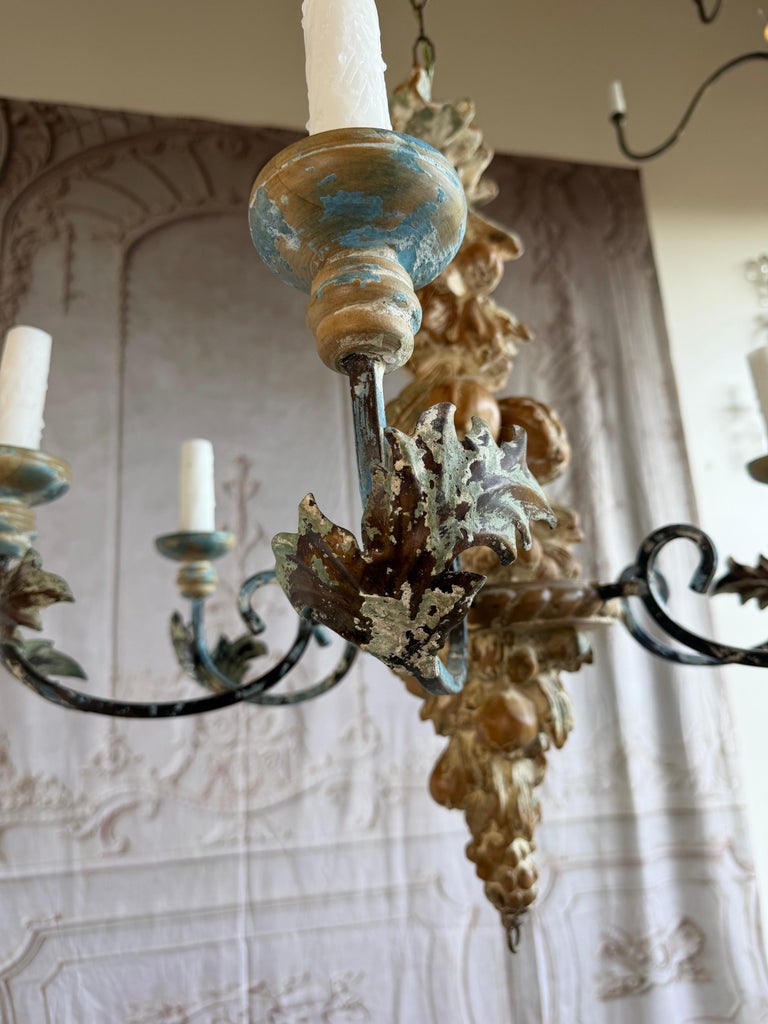 Italian Rococo Painted Wood & Iron 6-Light Chandelier with Fruit Garland