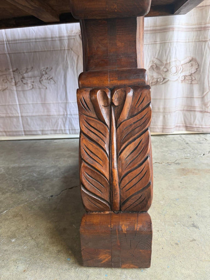 Spanish Colonial Revival Walnut Dining Table with Hand-Carved Scrollo