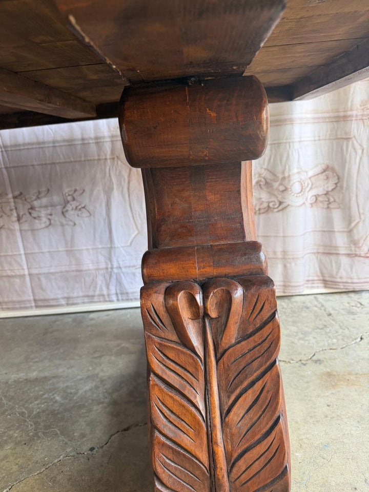 Spanish Colonial Revival Walnut Dining Table with Hand-Carved Scrollo