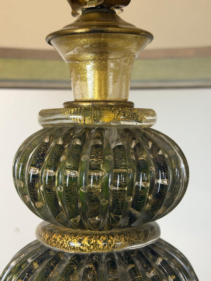 Pair of Vintage Murano Glass Table Lamps - Barovier &amp; Toso Style Olive Green