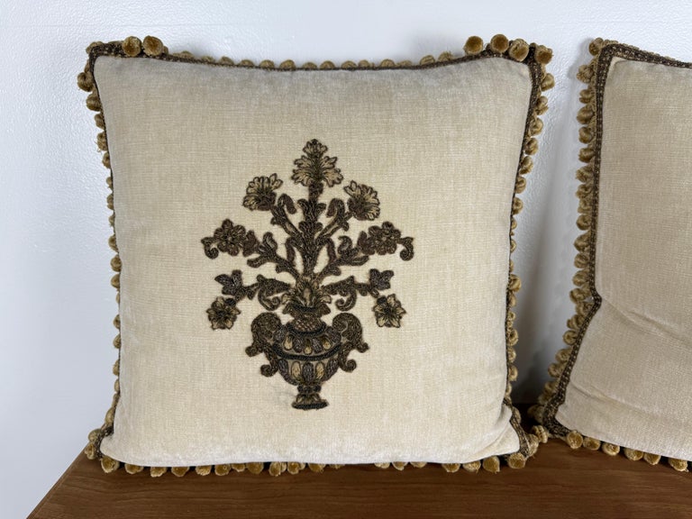 Pair of Custom Velvet Pillows with 19th-Century French Metallic Appliqués