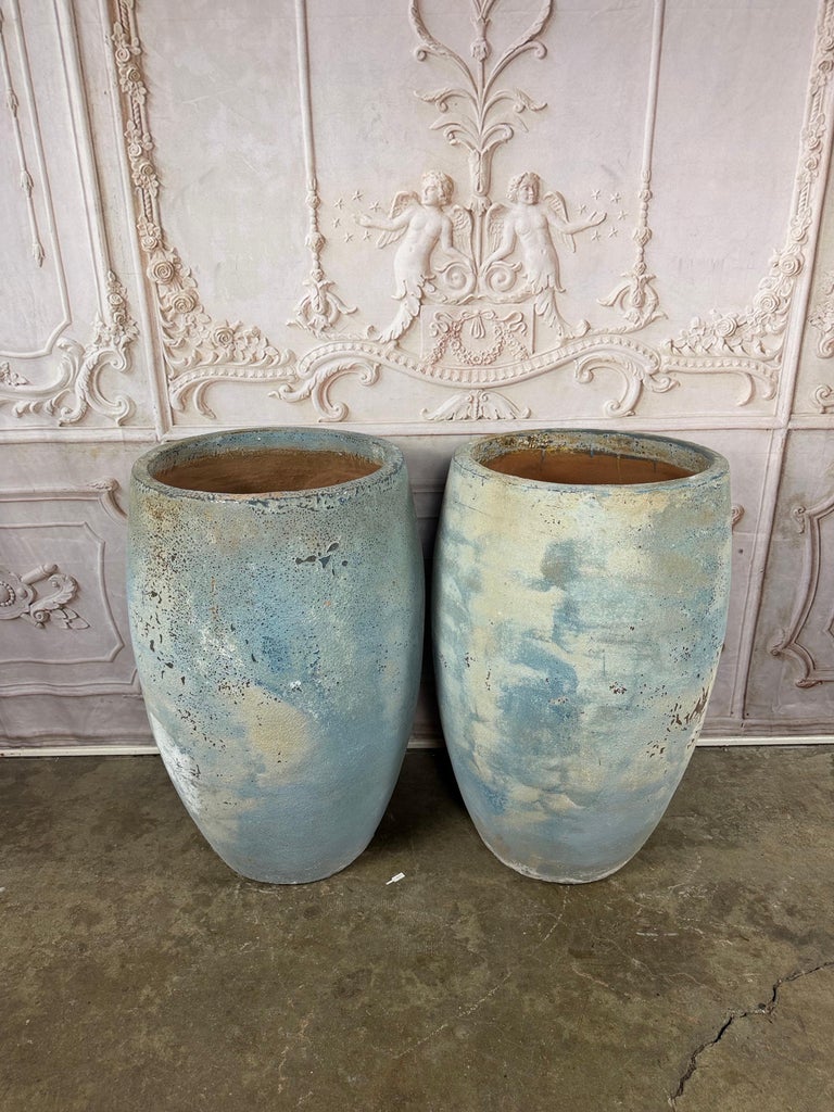 Pair of Large Atelier Vierkant Style Planters - Ocean Blue Patina Barrel Pots