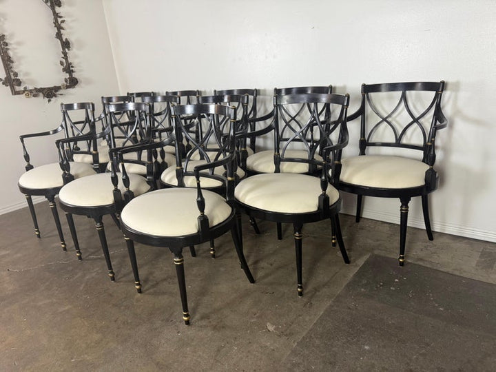 Set of Twelve Regency-Style Ebonized Dining Chairs with Linen Seats