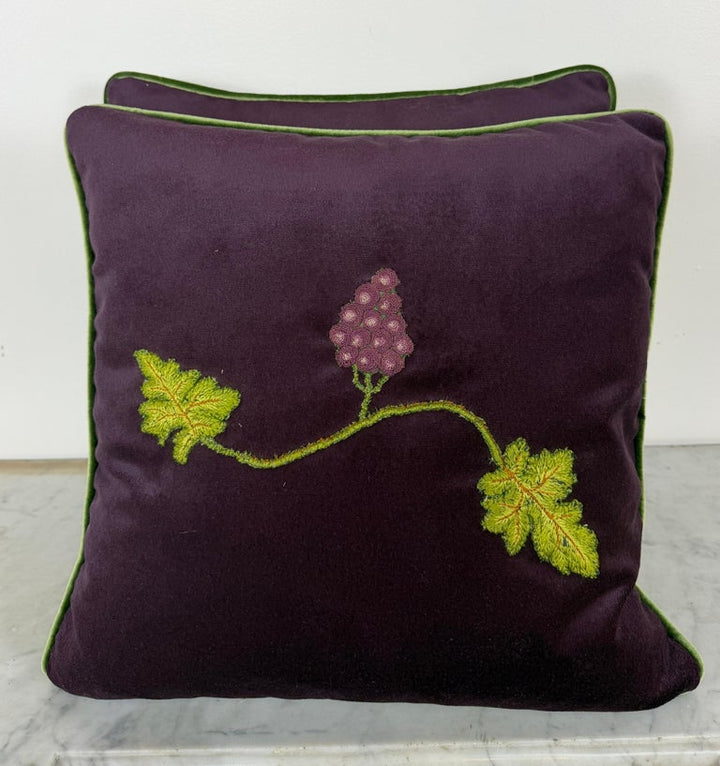 Pair of Aubergine Velvet Pillows - Antique Hand-Embroidered Grape Vine Applique