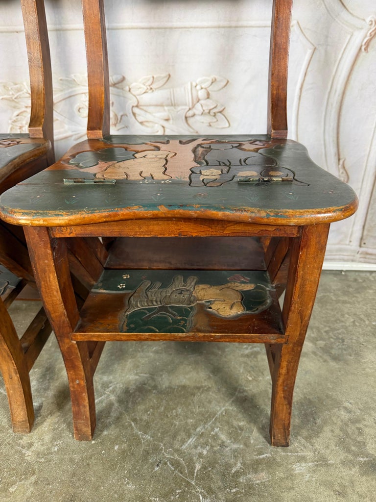 Pair of Hand-Painted Convertible Library Step Ladder Chairs with Dog Motif
