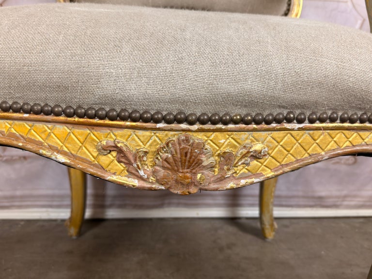Set of 14 French Louis XV Style Gilt Dining Chairs with Linen Upholstery