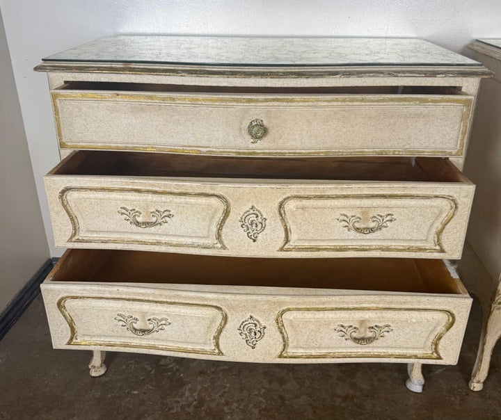 Pair of Louis XV–Style Painted Chests with Antiqued Marbled-Foxed Mirror Tops