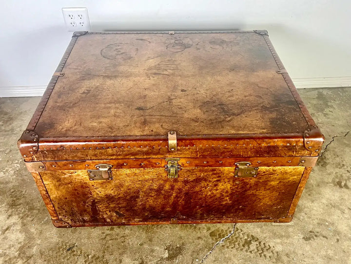 19th C. English Leather Coffee Table/Steamer Trunk